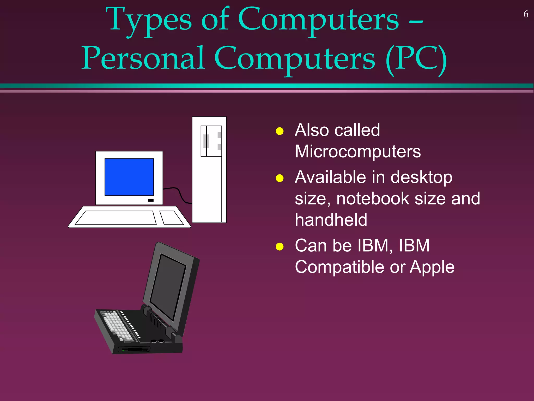 6
Types of Computers –
Personal Computers (PC)
 Also called
Microcomputers
 Available in desktop
size, notebook size and
handheld
 Can be IBM, IBM
Compatible or Apple
 