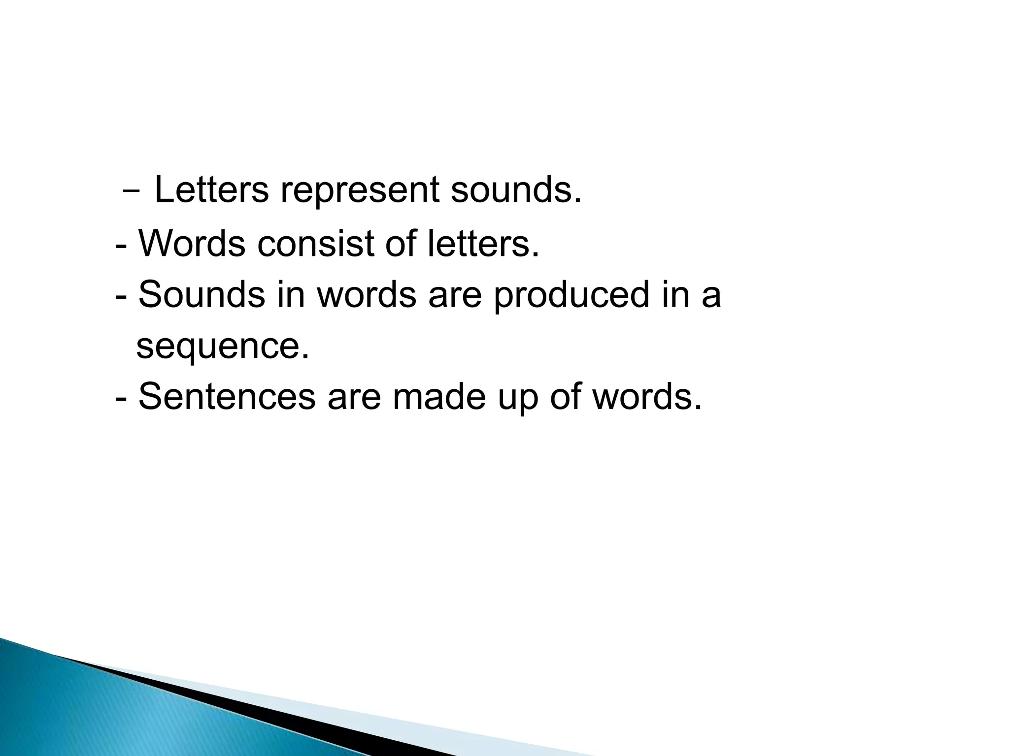 - Letters represent sounds.
- Words consist of letters.
- Sounds in words are produced in a
sequence.
- Sentences are made up of words.