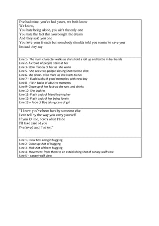 I've had mine, you've had yours, we both know
We know,
You hate being alone, you ain't the only one
You hate the fact that you bought the dream
And they sold you one
You love your friends but somebody shoulda told you somin' to save you
Instead they say
Line 1- The main character walks as she’s hold a roll up and bottle in her hands
Line 2- A crowd of people stare at her
Line 3- Slow motion of her as she walks
Line 5- She sees two people kissing shot reverse shot
Line 6- she drinks even more as she starts to run
Line 7 – Flash backs of good memories with new boy
Line 8- Flash backs of abusive moments
Line 9- Close up of her face as she runs and drinks
Line 10- She buckles
Line 11- Flash back of friend leaving her
Line 12- Flash back of her being lonely
Line 13 – Fade of Boy taking care of girl
“I know you've been hurt by someone else
I can tell by the way you carry yourself
If you let me, here's what I'll do
I'll take care of you
I've loved and I've lost”
Line 1- New boy and girl hugging
Line 2- Close up shot of hugging
Line 3- Mid shot of them hugging
Line 4- Movement from them to an establishing shot of canary walf view
Line 5 – canary walf view
 