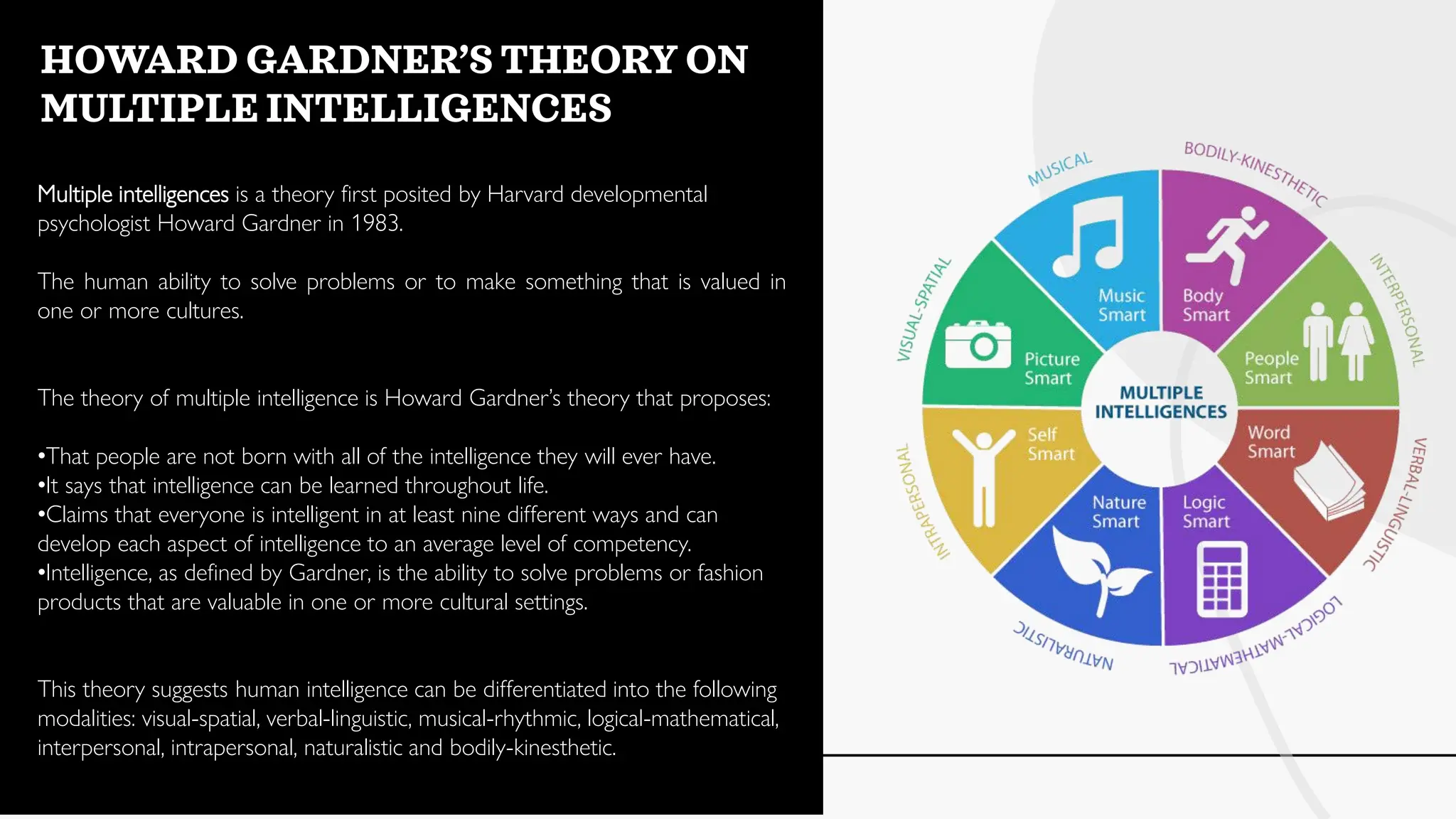 HOWARD GARDNER’S THEORY ON
MULTIPLE INTELLIGENCES
Multiple intelligences is a theory first posited by Harvard developmental
psychologist Howard Gardner in 1983.
The human ability to solve problems or to make something that is valued in
one or more cultures.
The theory of multiple intelligence is Howard Gardner’s theory that proposes:
•That people are not born with all of the intelligence they will ever have.
•It says that intelligence can be learned throughout life.
•Claims that everyone is intelligent in at least nine different ways and can
develop each aspect of intelligence to an average level of competency.
•Intelligence, as defined by Gardner, is the ability to solve problems or fashion
products that are valuable in one or more cultural settings.
This theory suggests human intelligence can be differentiated into the following
modalities: visual-spatial, verbal-linguistic, musical-rhythmic, logical-mathematical,
interpersonal, intrapersonal, naturalistic and bodily-kinesthetic.
 