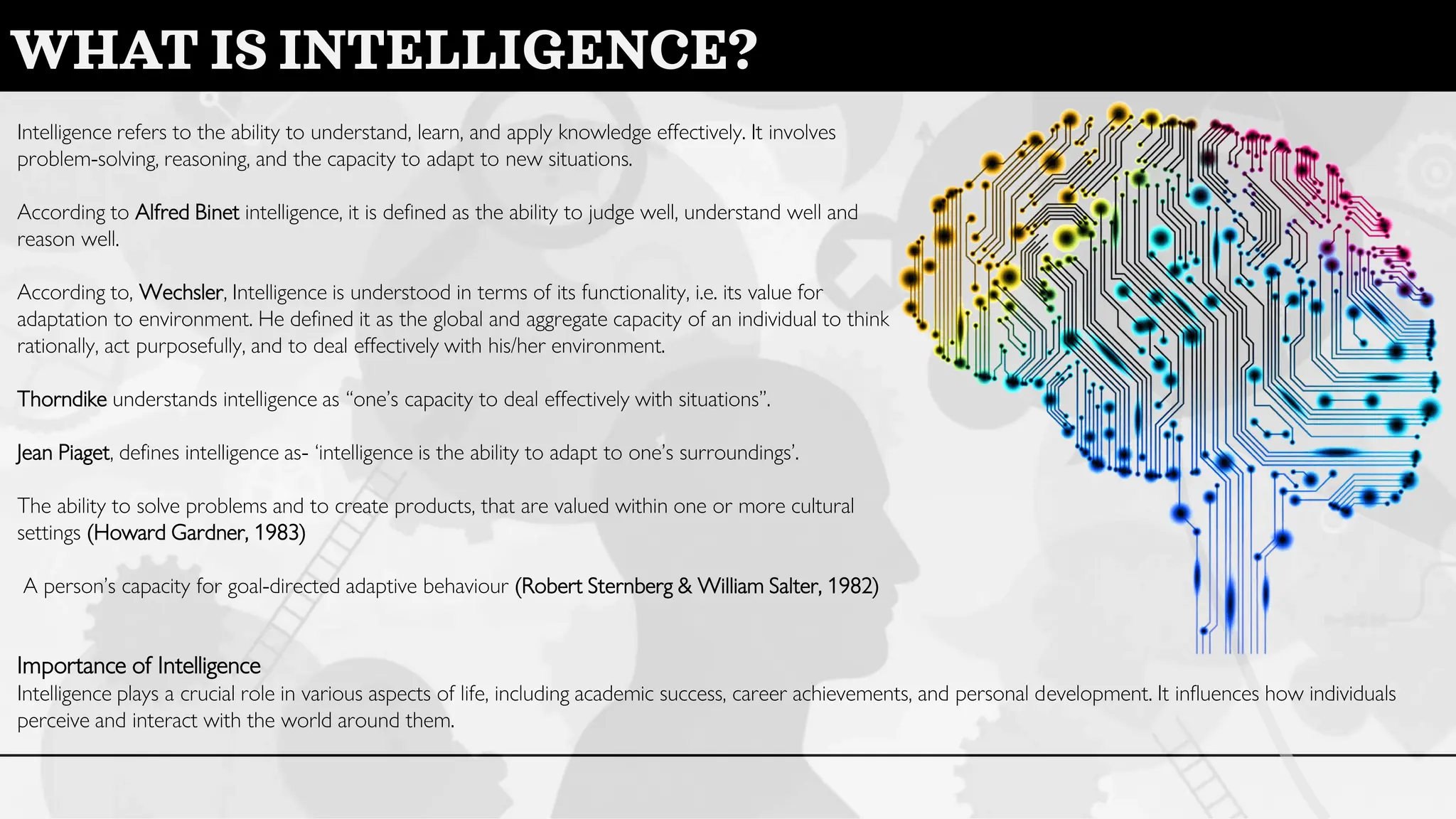 Intelligence refers to the ability to understand, learn, and apply knowledge effectively. It involves
problem-solving, reasoning, and the capacity to adapt to new situations.
According to Alfred Binet intelligence, it is defined as the ability to judge well, understand well and
reason well.
According to, Wechsler, Intelligence is understood in terms of its functionality, i.e. its value for
adaptation to environment. He defined it as the global and aggregate capacity of an individual to think
rationally, act purposefully, and to deal effectively with his/her environment.
Thorndike understands intelligence as “one’s capacity to deal effectively with situations”.
Jean Piaget, defines intelligence as- ‘intelligence is the ability to adapt to one’s surroundings’.
The ability to solve problems and to create products, that are valued within one or more cultural
settings (Howard Gardner, 1983)
A person’s capacity for goal-directed adaptive behaviour (Robert Sternberg & William Salter, 1982)
Importance of Intelligence
Intelligence plays a crucial role in various aspects of life, including academic success, career achievements, and personal development. It influences how individuals
perceive and interact with the world around them.
WHAT IS INTELLIGENCE?
 