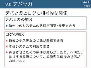 #jjugvs デバッガ
デバッガとログも相補的な関係
デバッガの領分
 動作中のシステムの状態が閲覧・変更できる
ログの領分
 過去のシステムの状態が閲覧できる
 本番システムで利用できる
 再現させるための条件が厳しかったり、不明だっ
たりする故障について、故障発生前後の状況が
追跡できる
14/67
 