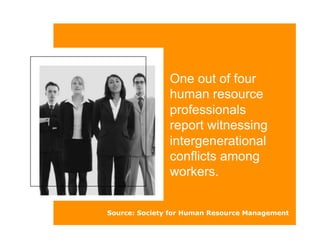 One out of four
               human resource
               professionals
               report witnessing
               intergenerational
               conflicts among
               workers.


Source: Society for Human Resource Management
 