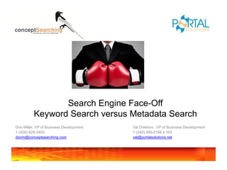 Search Engine Face-Off
          Keyword Search versus Metadata Search
Don Miller, VP of Business Development   Val Orekhov, VP of Business Development
1 (408) 828-3400                         1 (240) 450-2166 x 103
donm@conceptsearching.com                val@portalsolutions.net
 