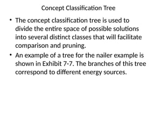 Concept Classification Tree
• The concept classification tree is used to
divide the entire space of possible solutions
into several distinct classes that will facilitate
comparison and pruning.
• An example of a tree for the nailer example is
shown in Exhibit 7-7. The branches of this tree
correspond to different energy sources.
 