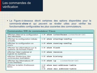 Les commandes de
vérification
• La Figure ci-dessous décrit certaines des options disponibles pour la
commande show et qui peuvent se révéler utiles pour vérifier les
fonctionnalités configurables les plus courantes des commutateurs.
 