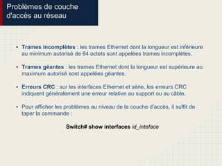 Problèmes de couche
d'accès au réseau
• Trames incomplètes : les trames Ethernet dont la longueur est inférieure
au minimum autorisé de 64 octets sont appelées trames incomplètes.
• Trames géantes : les trames Ethernet dont la longueur est supérieure au
maximum autorisé sont appelées géantes.
• Erreurs CRC : sur les interfaces Ethernet et série, les erreurs CRC
indiquent généralement une erreur relative au support ou au câble.
• Pour afficher les problèmes au niveau de la couche d’accès, il suffit de
taper la commande :
Switch# show interfaces id_inteface
 