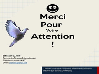 Chapitre sur concepts et configuration de base de la commutation
(Initiation aux réseaux Commutés)
El Hassan EL AMRI
Campus des Réseaux Informatiques et
Télécommunication - CRIT
Email : elamrihs@gmail.com
 