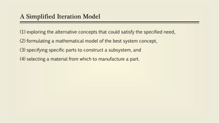 A Simplified Iteration Model
(1) exploring the alternative concepts that could satisfy the specified need,
(2) formulating a mathematical model of the best system concept,
(3) specifying specific parts to construct a subsystem, and
(4) selecting a material from which to manufacture a part.
 