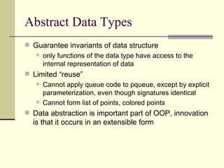 Abstract Data Types
 Guarantee invariants of data structure
 only functions of the data type have access to the
internal representation of data
 Limited “reuse”
 Cannot apply queue code to pqueue, except by explicit
parameterization, even though signatures identical
 Cannot form list of points, colored points
 Data abstraction is important part of OOP, innovation
is that it occurs in an extensible form
 