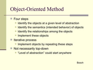 Object-Oriented Method
 Four steps
 Identify the objects at a given level of abstraction
 Identify the semantics (intended behavior) of objects
 Identify the relationships among the objects
 Implement these objects
 Iterative process
 Implement objects by repeating these steps
 Not necessarily top-down
 “Level of abstraction” could start anywhere
Booch
 