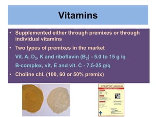Vitamins
• Supplemented either through premixes or through
individual vitamins
• Two types of premixes in the market
Vit. A, D3, K and riboflavin (B2) - 5.0 to 15 g /q
B-complex, vit. E and vit. C - 7.5-25 g/q
• Choline chl. (100, 60 or 50% premix)
 