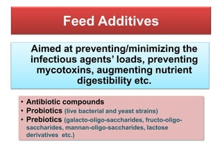 Feed Additives
Aimed at preventing/minimizing the
infectious agents’ loads, preventing
mycotoxins, augmenting nutrient
digestibility etc.
• Antibiotic compounds
• Probiotics (live bacterial and yeast strains)
• Prebiotics (galacto-oligo-saccharides, fructo-oligo-
saccharides, mannan-oligo-saccharides, lactose
derivatives etc.)
 