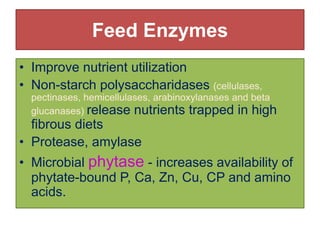 Feed Enzymes
• Improve nutrient utilization
• Non-starch polysaccharidases (cellulases,
pectinases, hemicellulases, arabinoxylanases and beta
glucanases) release nutrients trapped in high
fibrous diets
• Protease, amylase
• Microbial phytase - increases availability of
phytate-bound P, Ca, Zn, Cu, CP and amino
acids.
 