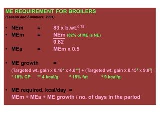 ME REQUIREMENT FOR BROILERS
(Leeson and Summers, 2001)
• NEm = 83 x b.wt.0.75
• MEm = NEm (82% of ME is NE)
0.82
• MEa = MEm x 0.5
• ME growth =
(Targeted wt. gain x 0.18* x 4.0**) + (Targeted wt. gain x 0.15# x 9.0$)
* 18% CP ** 4 kcal/g # 15% fat $ 9 kcal/g
• ME required, kcal/day =
MEm + MEa + ME growth / no. of days in the period
 
