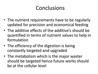 Conclusions
• The nutrient requirements have to be regularly
updated for precision and economical feeding
• The additive effects of the additive’s should be
quantified in terms of nutrient values to help in
formulation
• The efficiency of the digestion is being
constantly targeted and upgraded
• The metabolism which is the major waster
should be targeted hence future works should
be at the cellular level
 