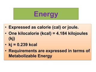 Energy
• Expressed as calorie (cal) or joule.
• One kilocalorie (kcal) = 4.184 kilojoules
(kj)
• kj = 0.239 kcal
• Requirements are expressed in terms of
Metabolizable Energy
 