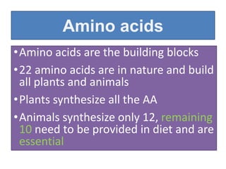 Amino acids
•Amino acids are the building blocks
•22 amino acids are in nature and build
all plants and animals
•Plants synthesize all the AA
•Animals synthesize only 12, remaining
10 need to be provided in diet and are
essential
 