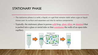 STATIONARY PHASE
• The stationary phase is a solid, a liquid, or a gel that remains static when a gas or liquid
moves over its surface and separates out into its various components.
• Typically, the stationary phase is porous solid (e.g., glass, silica, or alumina) that
is packed into a glass or metal tube or that constitutes the walls of an open-tube
capillary.
 