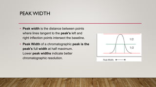 PEAK WIDTH
• Peak width is the distance between points
where lines tangent to the peak's left and
right inflection points intersect the baseline.
• Peak Width of a chromatographic peak is the
peak's full width at half maximum.
Lower peak widths indicate better
chromatographic resolution.
 