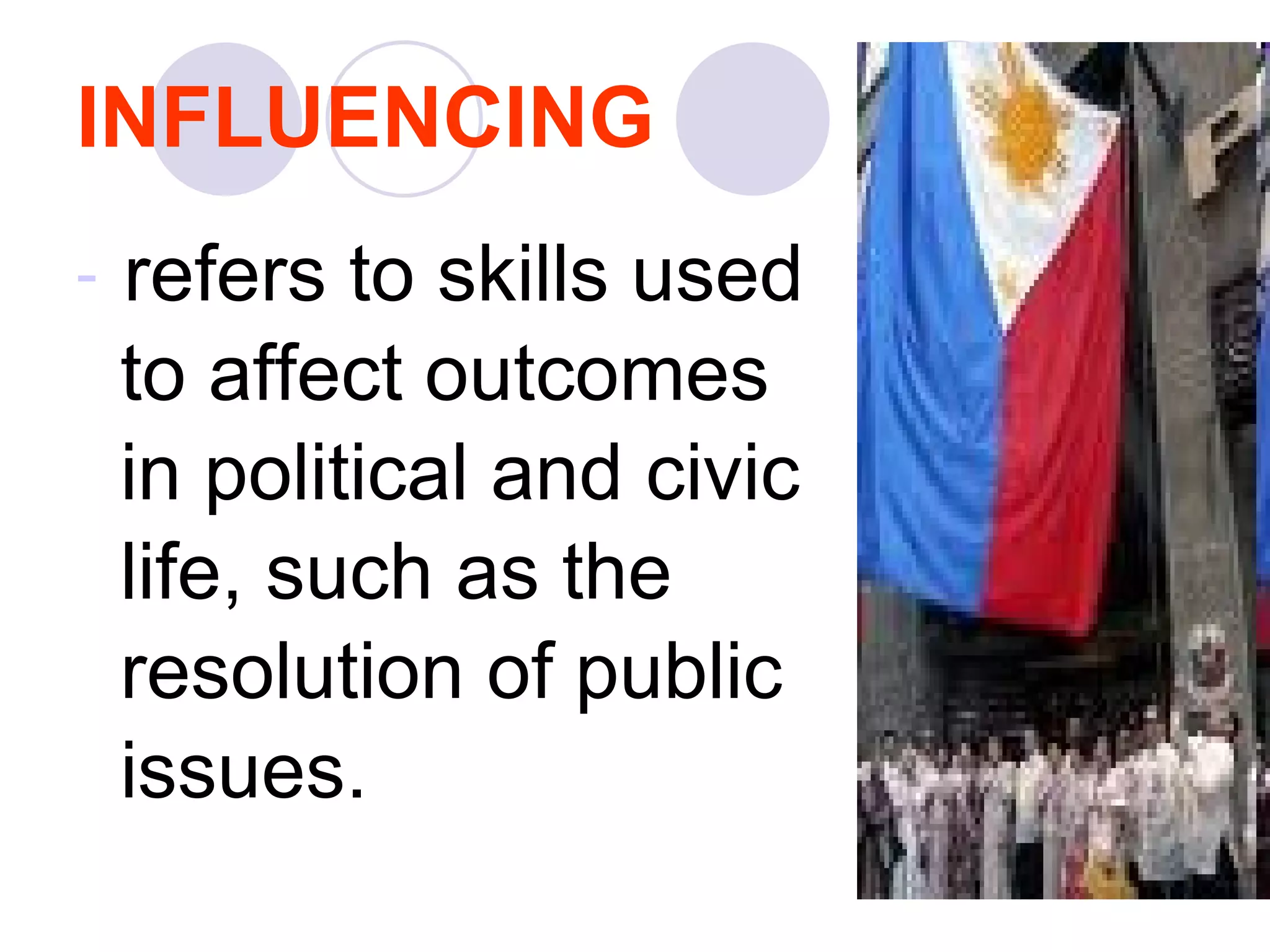 INFLUENCING refers to skills used  to affect outcomes  in political and civic  life, such as the  resolution of public  issues.  