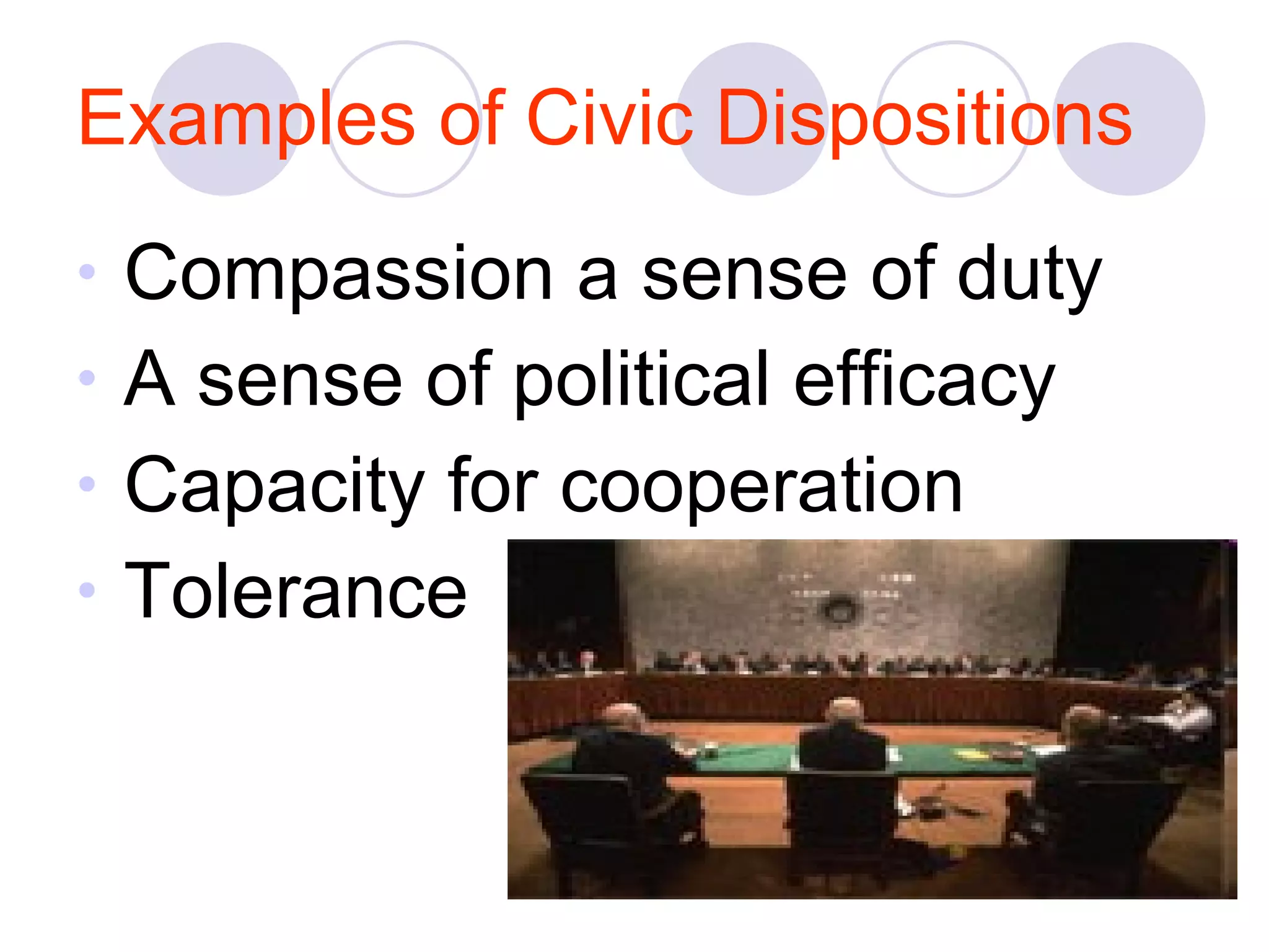 Examples of Civic Dispositions Compassion a sense of duty A sense of political efficacy Capacity for cooperation Tolerance 