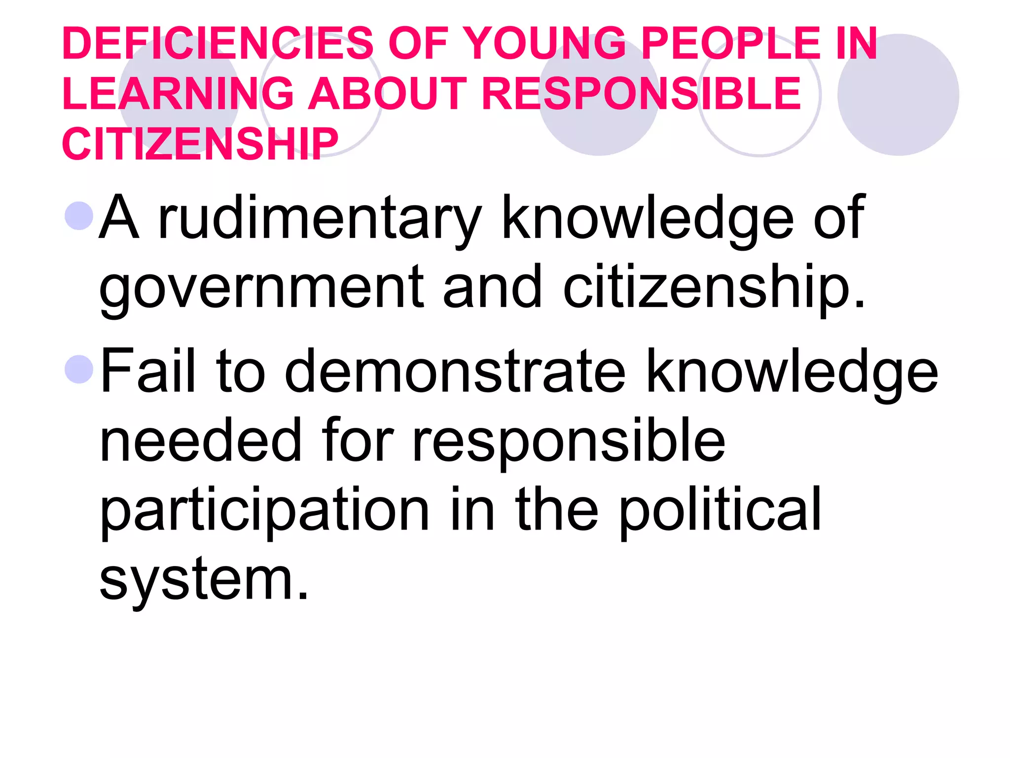 DEFICIENCIES OF YOUNG PEOPLE IN LEARNING ABOUT RESPONSIBLE CITIZENSHIP A rudimentary knowledge of government and citizenship. Fail to demonstrate knowledge needed for responsible participation in the political system.  