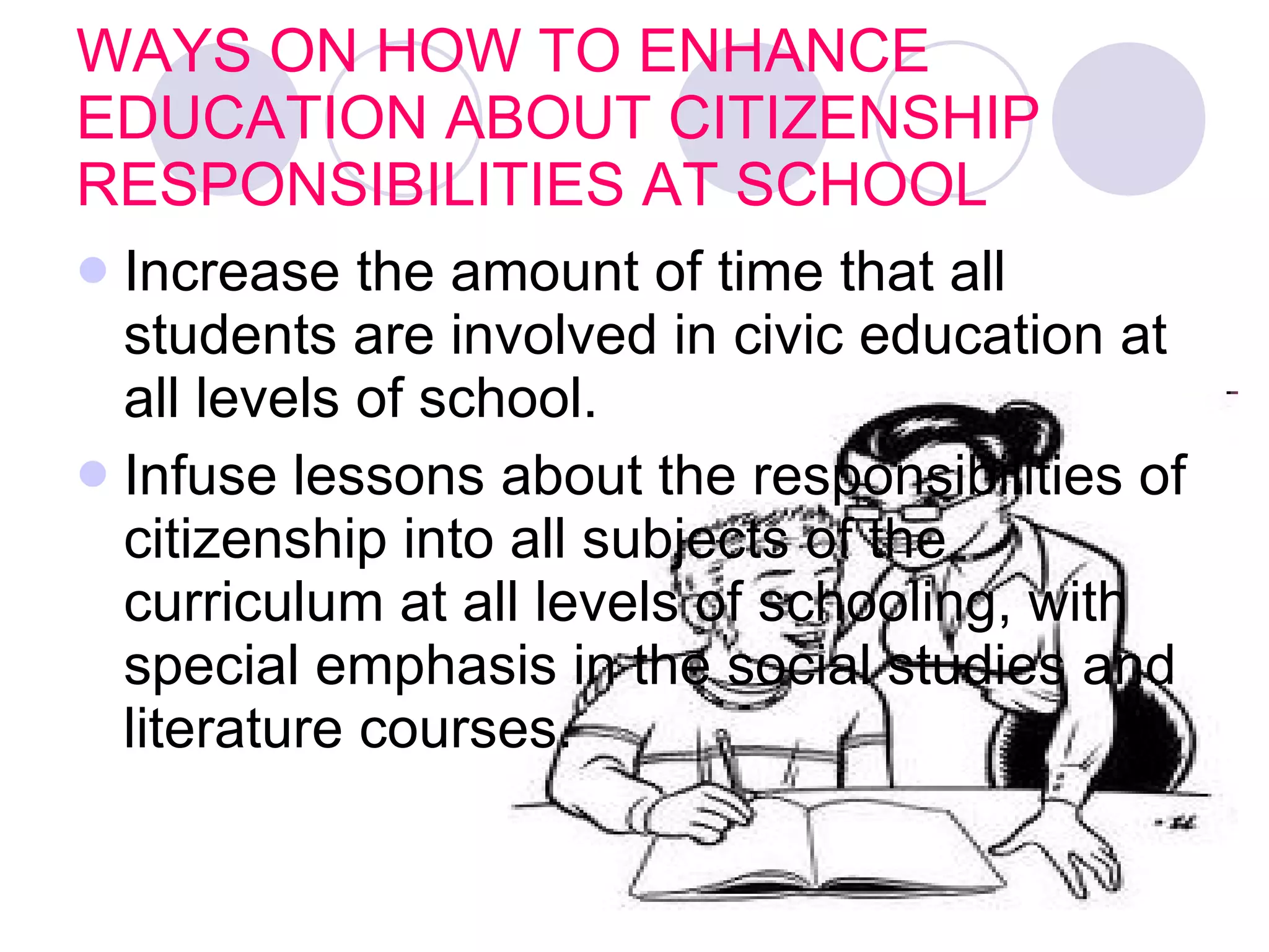 WAYS ON HOW TO ENHANCE EDUCATION ABOUT CITIZENSHIP RESPONSIBILITIES AT SCHOOL    Increase the amount of time that all students are involved in civic education at all levels of school.   Infuse lessons about the responsibilities of citizenship into all subjects of the curriculum at all levels of schooling, with special emphasis in the social studies and literature courses.   