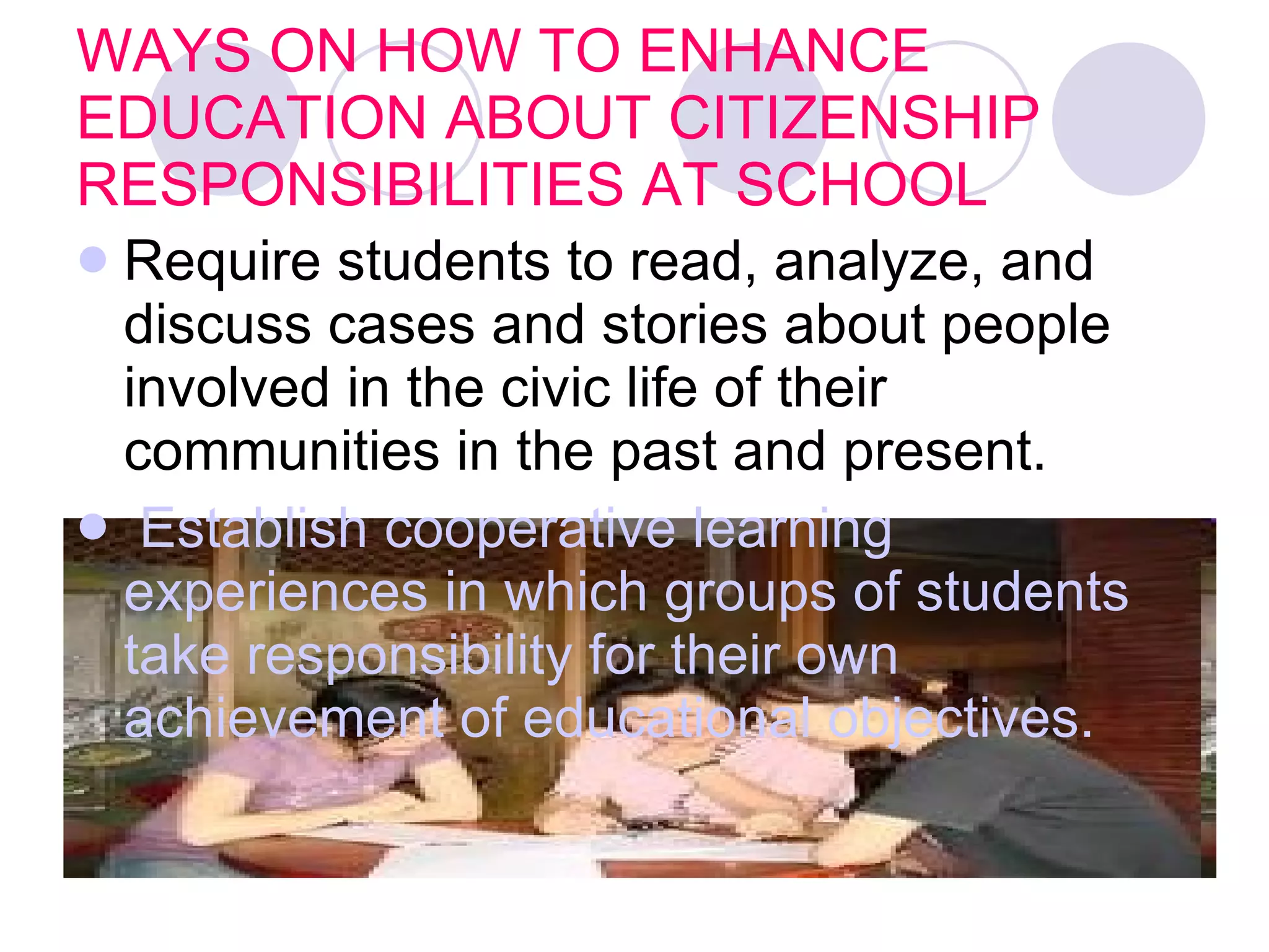 WAYS ON HOW TO ENHANCE EDUCATION ABOUT CITIZENSHIP RESPONSIBILITIES AT SCHOOL Require students to read, analyze, and discuss cases and stories about people involved in the civic life of their communities in the past and present.   Establish cooperative learning experiences in which groups of students take responsibility for their own achievement of educational objectives.   
