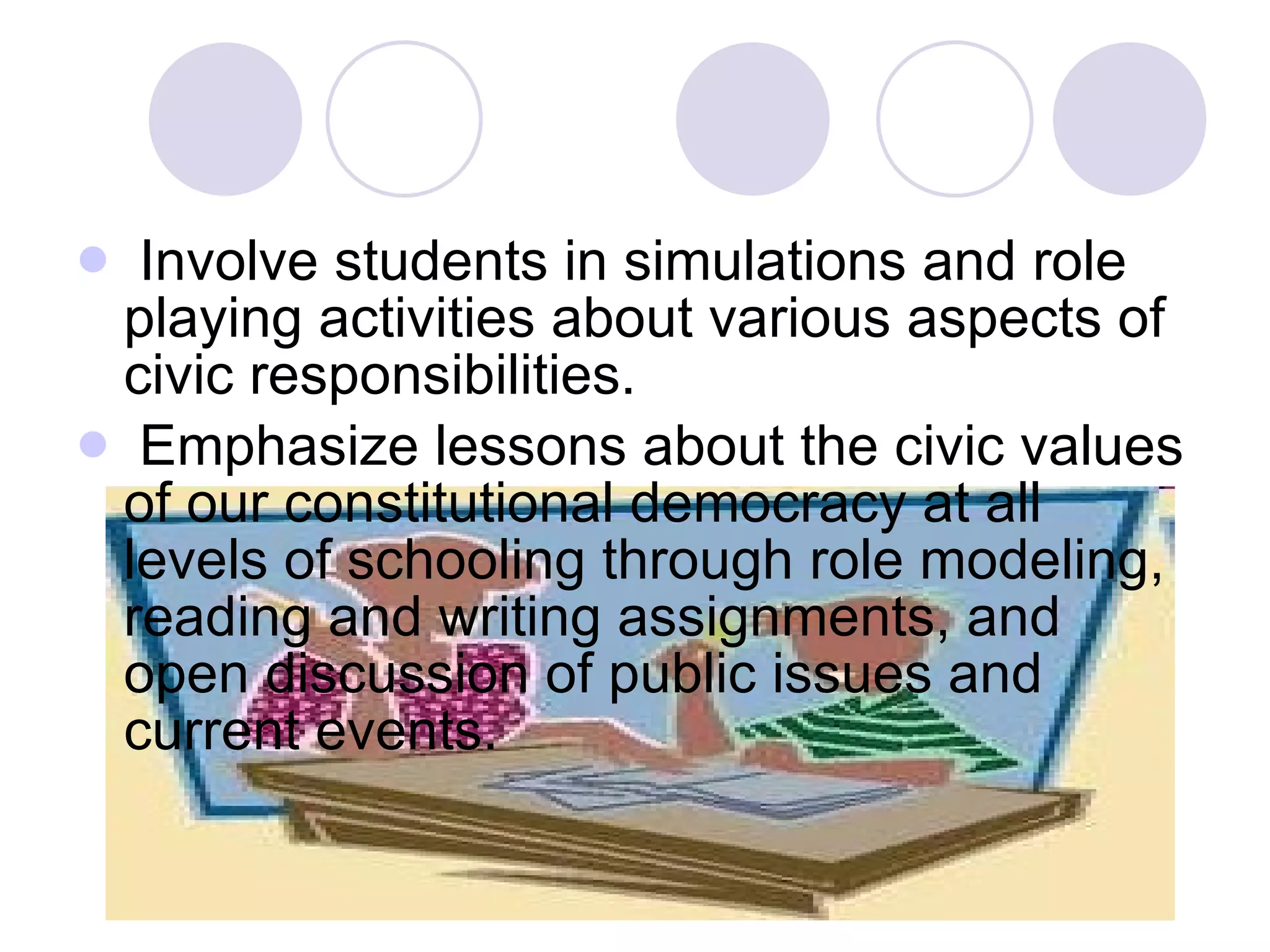 Involve students in simulations and role playing activities about various aspects of civic responsibilities.   Emphasize lessons about the civic values of our constitutional democracy at all levels of schooling through role modeling, reading and writing assignments, and open discussion of public issues and current events.   