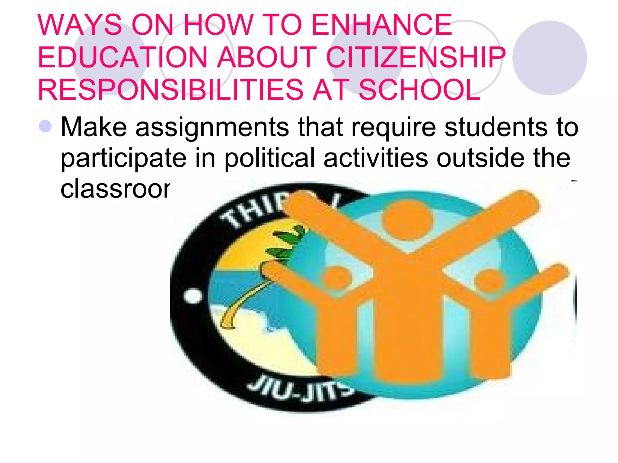 WAYS ON HOW TO ENHANCE EDUCATION ABOUT CITIZENSHIP RESPONSIBILITIES AT SCHOOL Make assignments that require students to participate in political activities outside the classroom.   