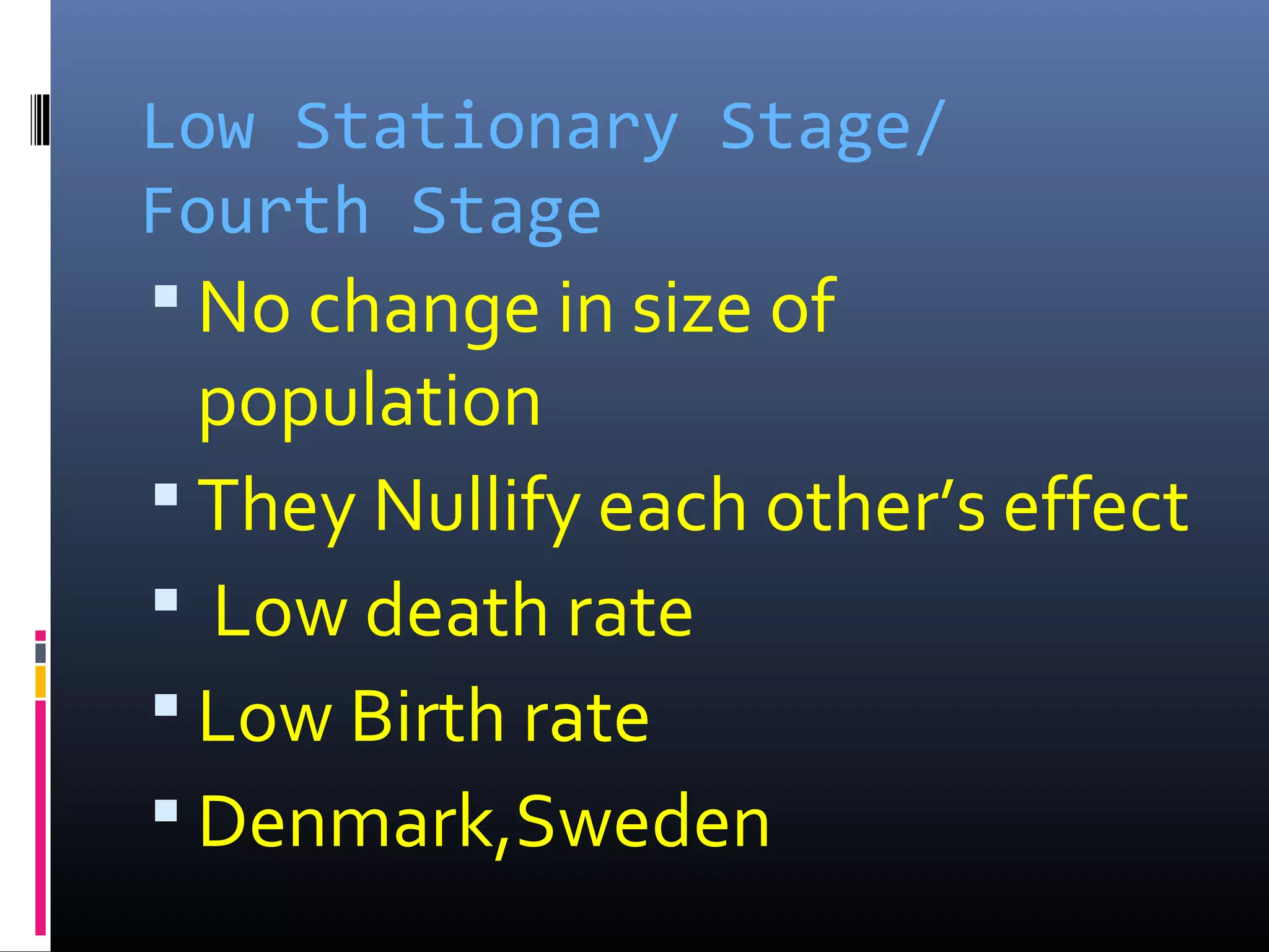 Low Stationary Stage/
Fourth Stage
 No change in size of
population
 They Nullify each other’s effect
 Low death rate
 Low Birth rate
 Denmark,Sweden
 