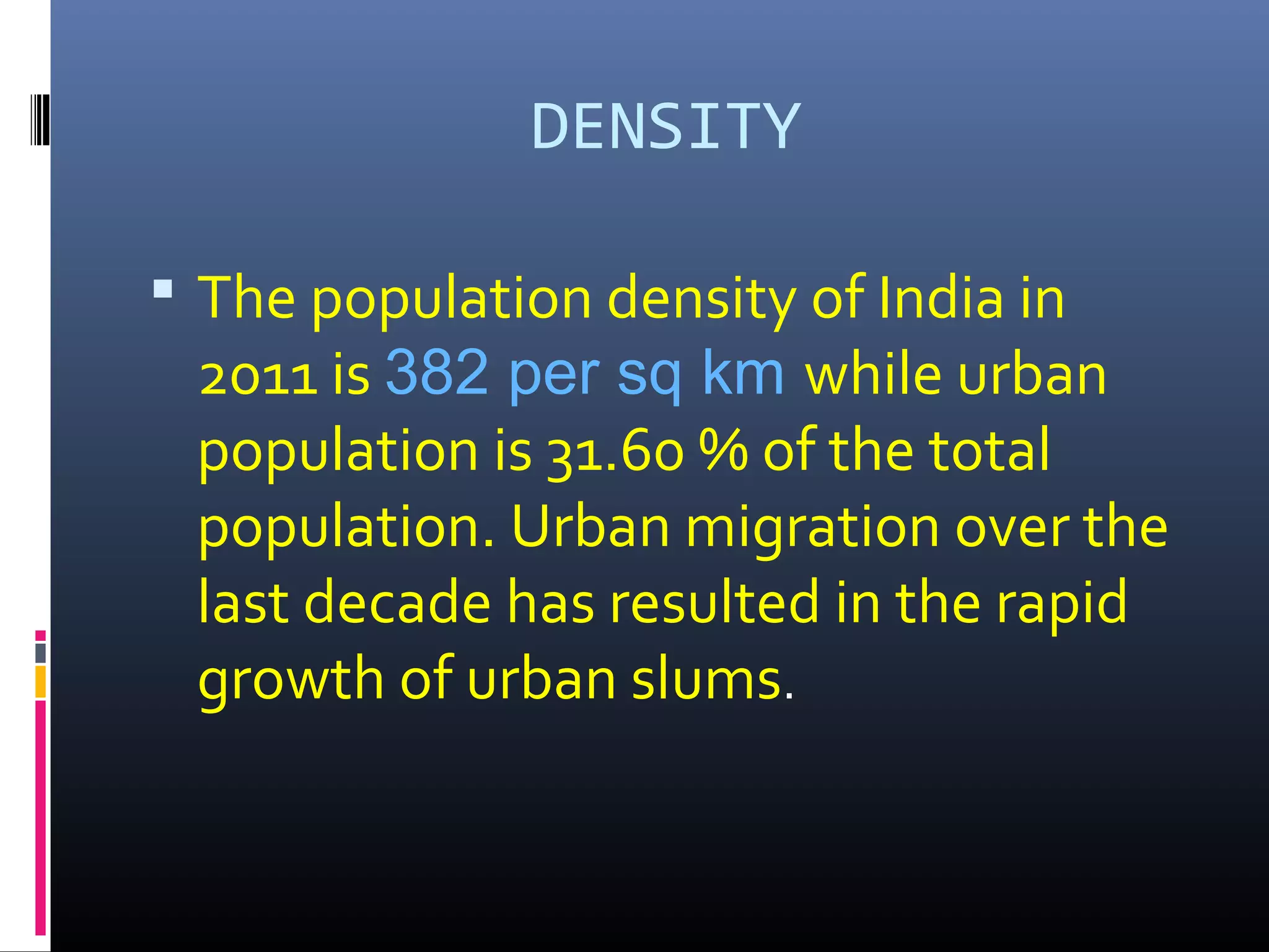 DENSITY
 The population density of India in
2011 is 382 per sq km while urban
population is 31.60 % of the total
population. Urban migration over the
last decade has resulted in the rapid
growth of urban slums.
 