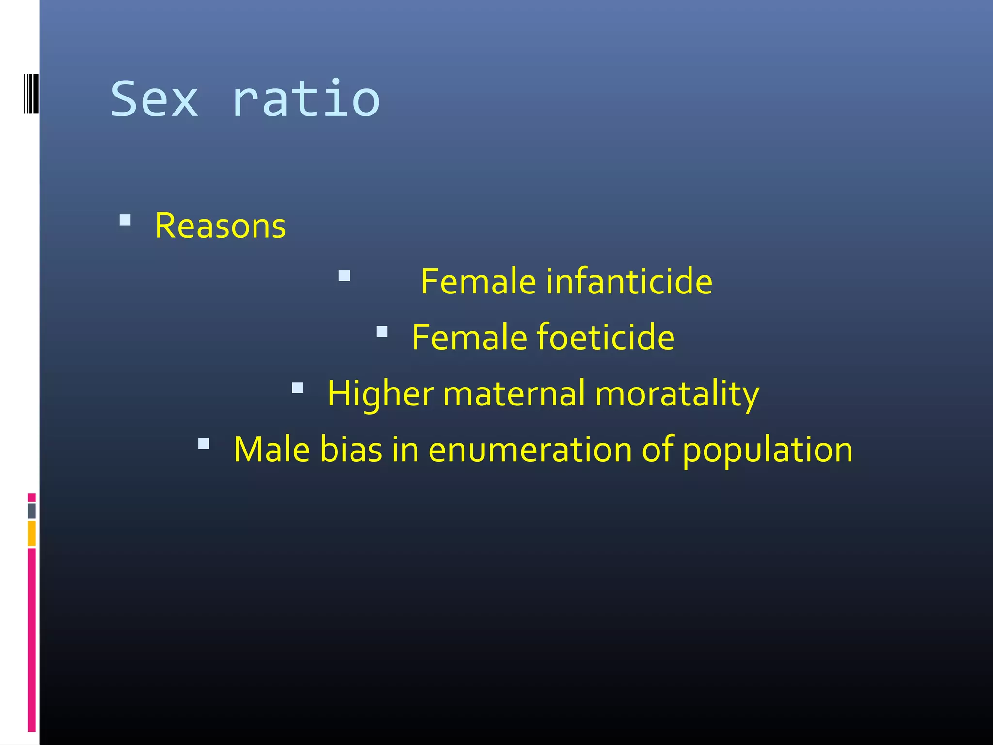 Sex ratio
 Reasons
 Female infanticide
 Female foeticide
 Higher maternal moratality
 Male bias in enumeration of population
 
