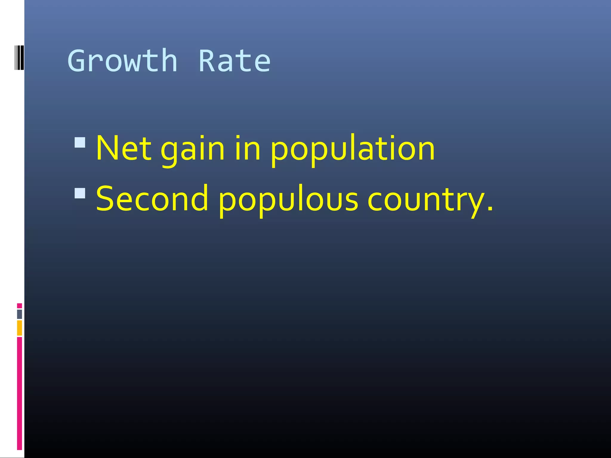 Growth Rate
 Net gain in population
 Second populous country.
 
