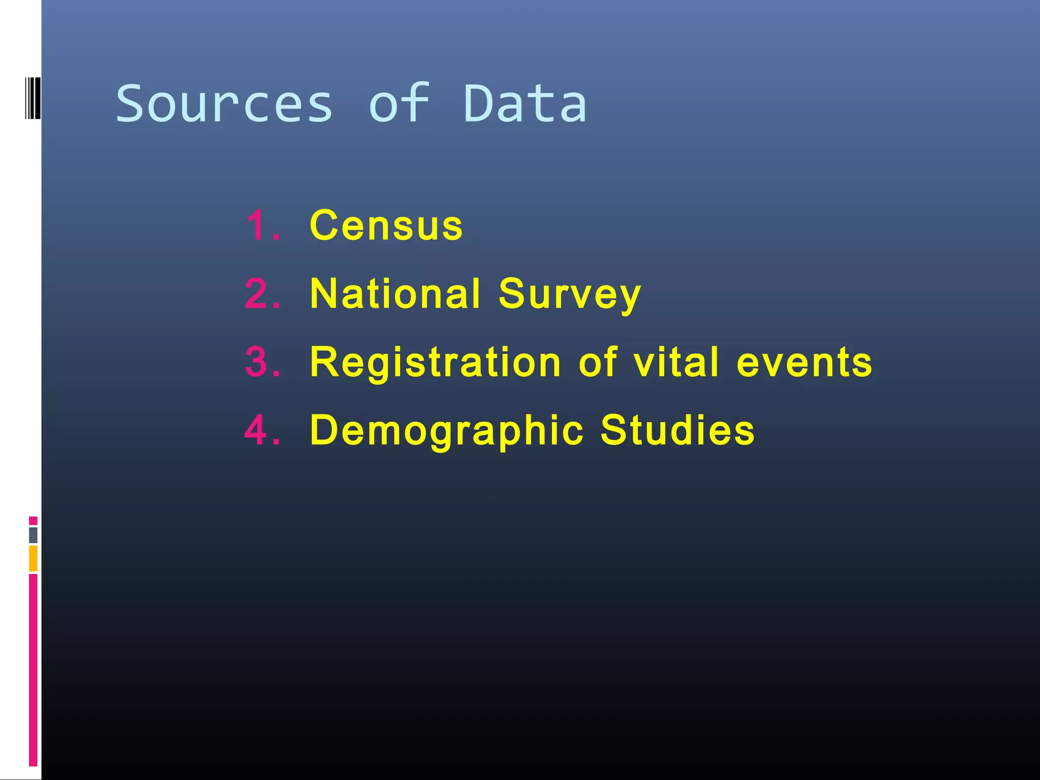 Sources of Data
1. Census
2. National Survey
3. Registration of vital events
4. Demographic Studies
 