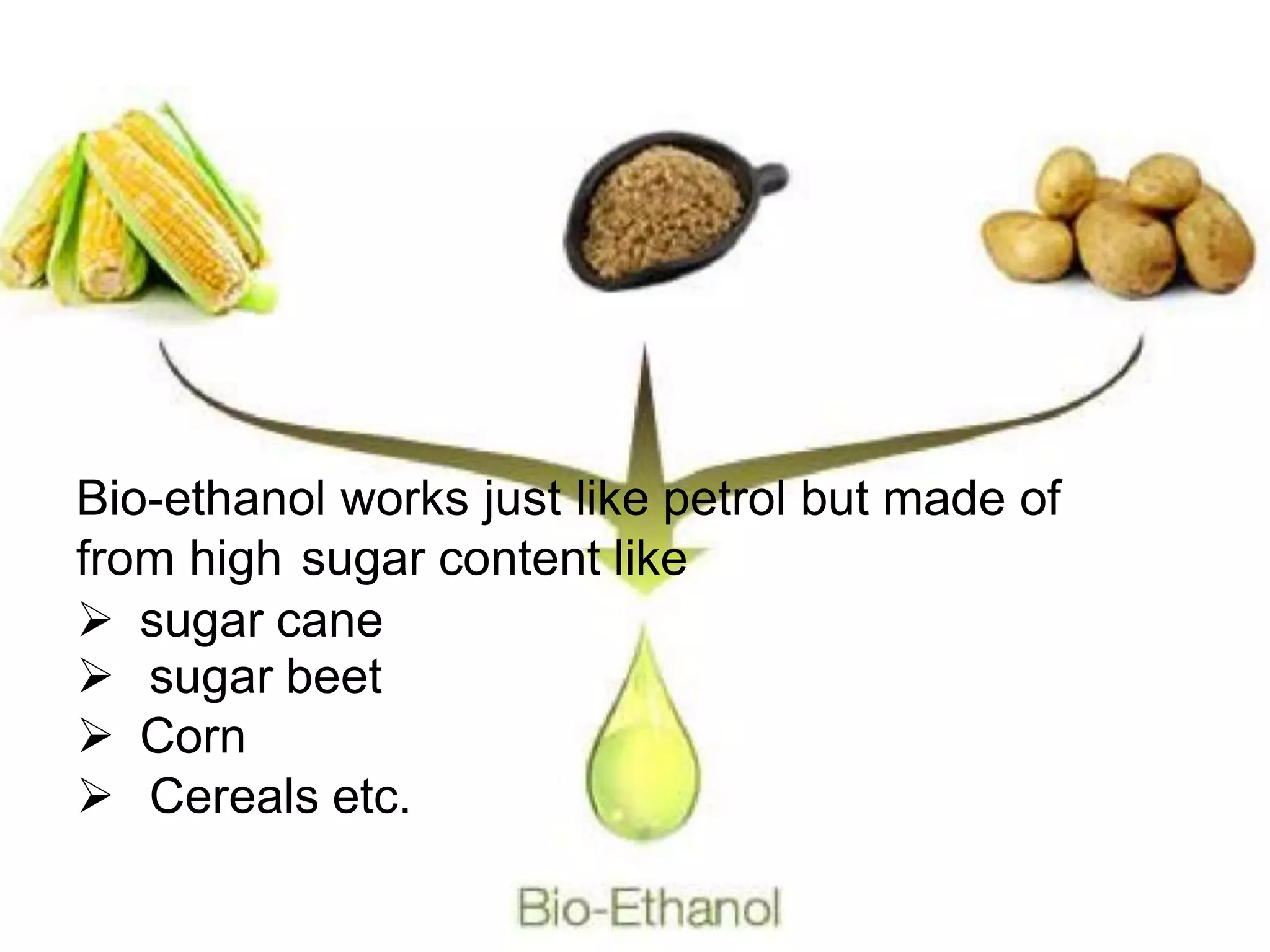 Bio-ethanol works just like petrol but made of
from high sugar content like
 sugar cane
 sugar beet
 Corn
 Cereals etc.
 