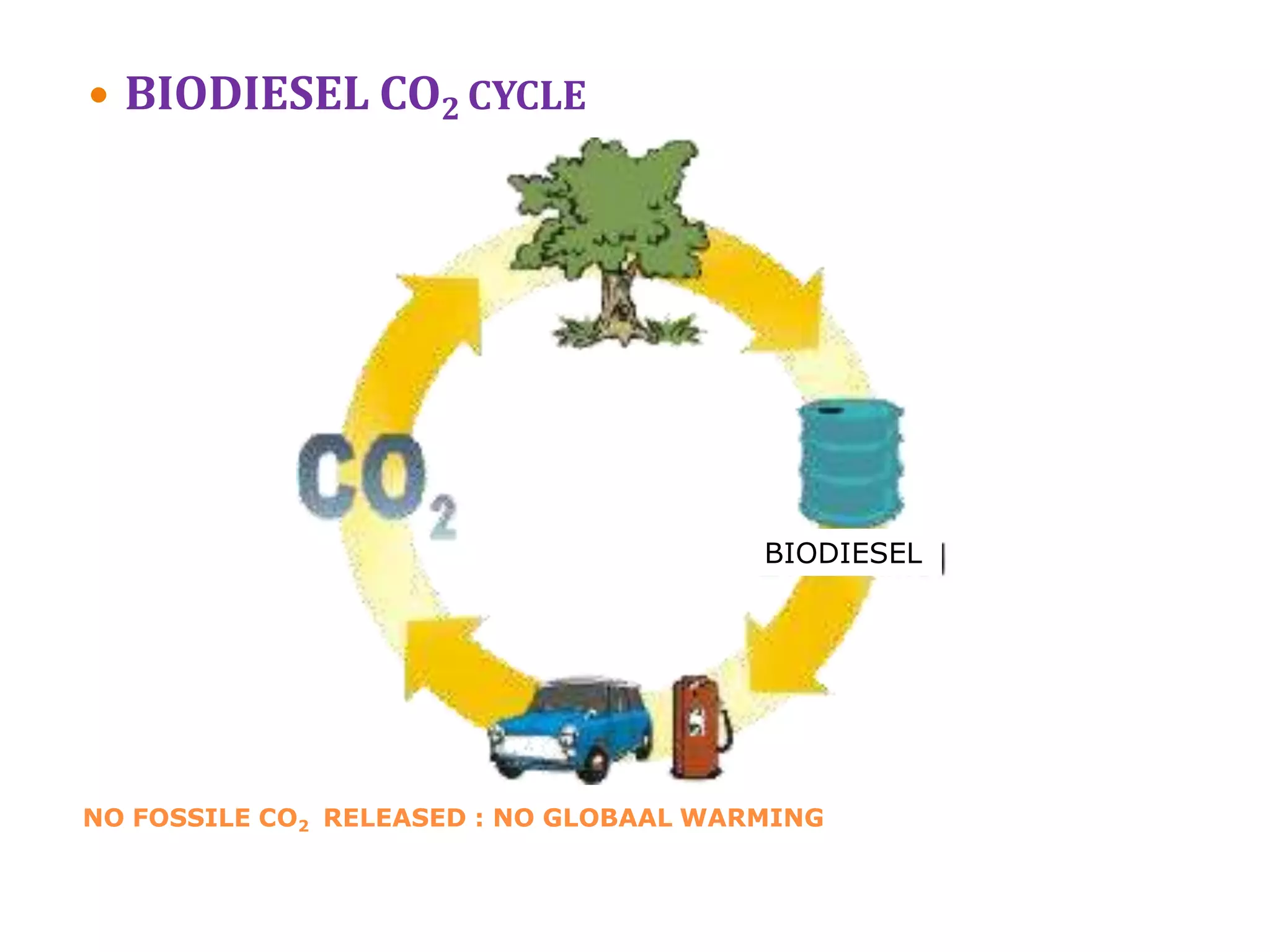 NO FOSSILE CO2 RELEASED : NO GLOBAAL WARMING
 BIODIESEL CO2 CYCLE
BIODIESEL
 