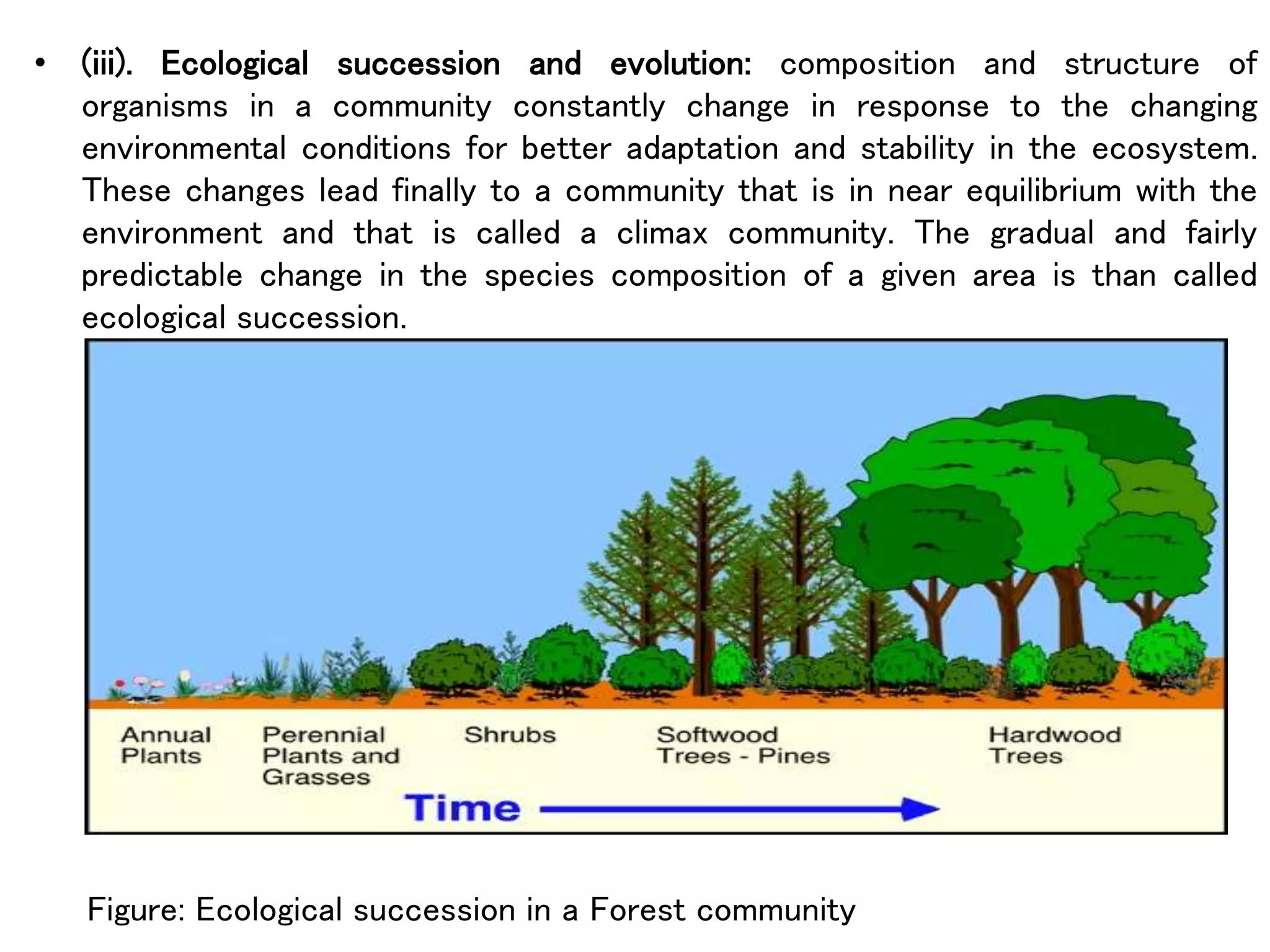 • (iii). Ecological succession and evolution: composition and structure of
organisms in a community constantly change in response to the changing
environmental conditions for better adaptation and stability in the ecosystem.
These changes lead finally to a community that is in near equilibrium with the
environment and that is called a climax community. The gradual and fairly
predictable change in the species composition of a given area is than called
ecological succession.
Figure: Ecological succession in a Forest community
 