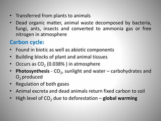 • Transferred from plants to animals
• Dead organic matter, animal waste decomposed by bacteria,
fungi, ants, insects and converted to ammonia gas or free
nitrogen in atmosphere
Carbon cycle:
• Found in biotic as well as abiotic components
• Building blocks of plant and animal tissues
• Occurs as CO2 (0.038% ) in atmosphere
• Photosynthesis - CO2, sunlight and water – carbohydrates and
O2 produced
• Regulation of both gases
• Animal excreta and dead animals return fixed carbon to soil
• High level of CO2 due to deforestation – global warming
 