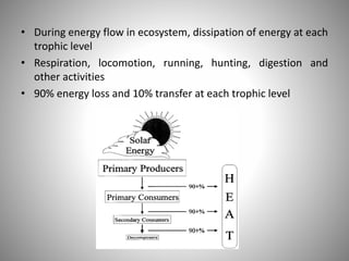 • During energy flow in ecosystem, dissipation of energy at each
trophic level
• Respiration, locomotion, running, hunting, digestion and
other activities
• 90% energy loss and 10% transfer at each trophic level
 