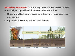 Secondary succession: Community development starts on areas
previously occupied by well developed communities
• Organic matter/ some organisms from previous community
may remain
• E.g. areas burned by fire, cut over forests
 
