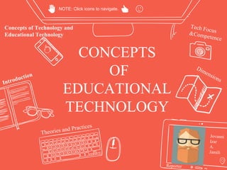 CONCEPTS
OF
EDUCATIONAL
TECHNOLOGY
NOTE: Click icons to navigate. 👍 😉✋
 