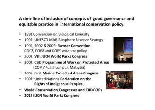 • 1992 Convention on Biological Diversity
• 1995: UNESCO MAB Biosphere Reserve Strategy 
• 1999, 2002 & 2005: Ramsar Conve...