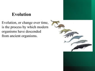 Evolution
Evolution, or change over time,
is the process by which modern
organisms have descended
from ancient organisms.
 