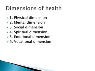  1. Physical dimension
 2. Mental dimension
 3. Social dimension
 4. Spiritual dimension
 5. Emotional dimension
 6....