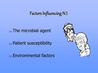 Factors Influencing N.I.
The microbial agent
Patient susceptibility
Environmental factors
 
