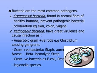  Bacteria are the most common pathogens.
1. Commensal bacteria: found in normal flora of
healthy humans, prevent pathogenic bacterial
colonization eg skin, colon, vagina
2. Pathogenic bacteria: have great virulence and
cause infection as :
- Anaerobic gram +ve rods e.g Clostridium
causing gangrene.
- Gram +ve bacteria: Staph. aureus found on skin
&nose. - Beta -hemolytic Strep.
- Gram -ve bacteria as E.coli, Proteus, Klebsiella.
- legionella species.
 