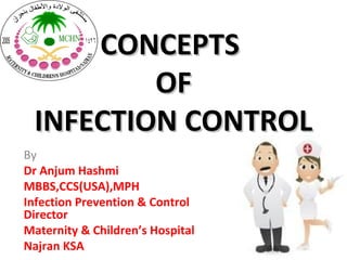 CONCEPTS
         OF
 INFECTION CONTROL
By
Dr Anjum Hashmi
MBBS,CCS(USA),MPH
Infection Prevention & Control
Director
Maternity & Children’s Hospital
Najran KSA
 