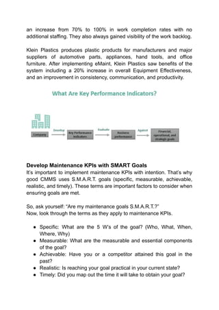 an increase from 70% to 100% in work completion rates with no
additional staffing. They also always gained visibility of the work backlog.
Klein Plastics produces plastic products for manufacturers and major
suppliers of automotive parts, appliances, hand tools, and office
furniture. After implementing eMaint, Klein Plastics saw benefits of the
system including a 20% increase in overall Equipment Effectiveness,
and an improvement in consistency, communication, and productivity.
Develop Maintenance KPIs with SMART Goals
It’s important to implement maintenance KPIs with intention. That’s why
good CMMS uses S.M.A.R.T. goals (specific, measurable, achievable,
realistic, and timely). These terms are important factors to consider when
ensuring goals are met.
So, ask yourself: “Are my maintenance goals S.M.A.R.T.?”
Now, look through the terms as they apply to maintenance KPIs.
● Specific: What are the 5 W’s of the goal? (Who, What, When,
Where, Why)
● Measurable: What are the measurable and essential components
of the goal?
● Achievable: Have you or a competitor attained this goal in the
past?
● Realistic: Is reaching your goal practical in your current state?
● Timely: Did you map out the time it will take to obtain your goal?
 